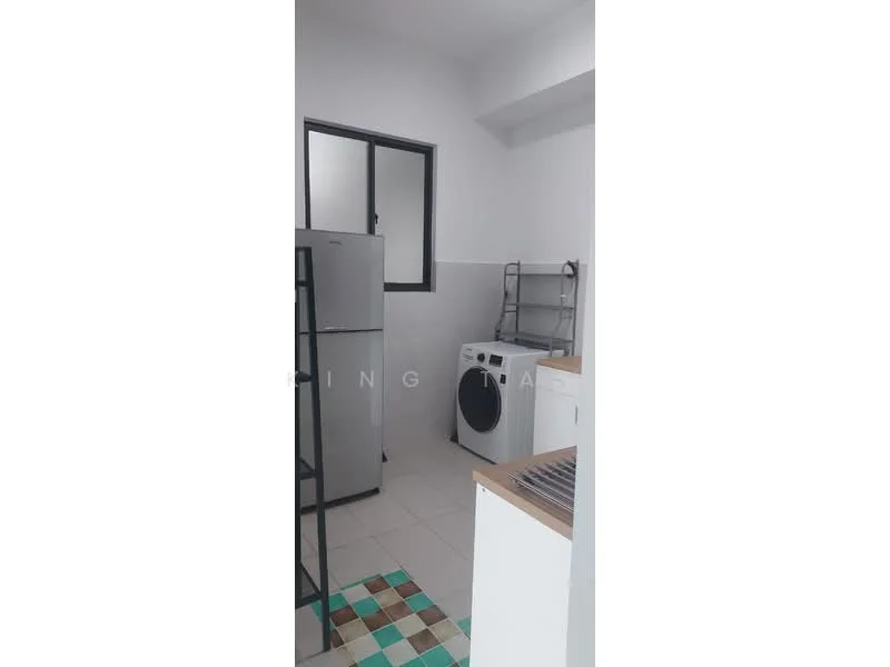 Laundry features: white walls, tile flooring, single-bowl stainless-steel sink, white washing machine, silver refrigerator, open shelving unit, countertop, window with black frame; style: modern.