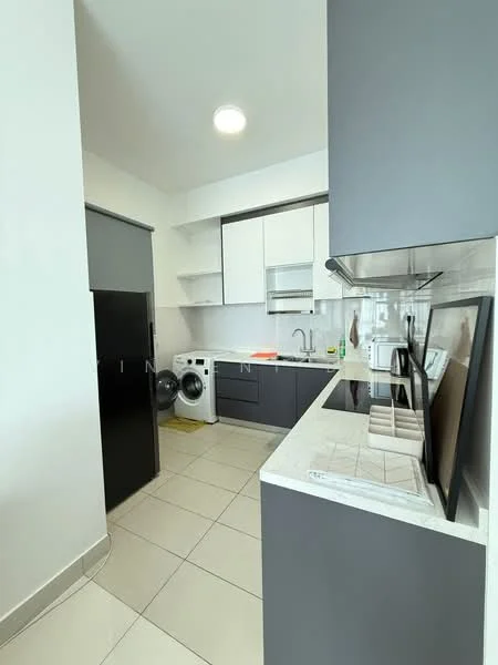 Kitchen features: black refrigerator, white washing machine, white upper cabinets, grey lower cabinets, marble countertop, stainless-steel sink, chrome pull-down faucet, tile backsplash, ceramic tile flooring, recessed downlights, open shelving, kitchen utensils holder; style: modern.