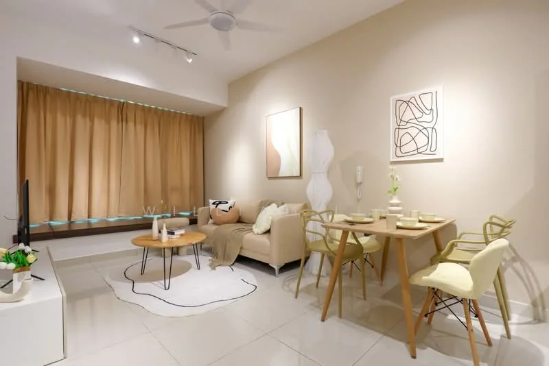 Living features: beige painted walls, white ceiling, 5-blade ceiling fan with light, large window with sheer curtains, light-colored sofa, round coffee table, area rug with abstract pattern, dining table with 4 chairs, decorative wall art, table lamp, greenery in ceramic pot; style: modern.