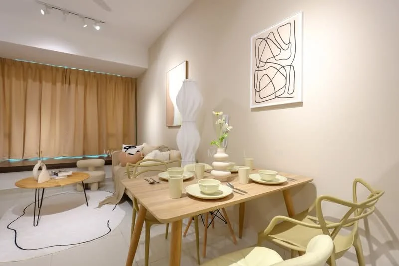 Dining features: wood dining table, 4 dining chairs in light green, ceramic dinnerware, decorative vase with flowers, area rug with abstract pattern, wall-mounted artwork with abstract design, curtains in light brown, floor-to-ceiling windows, light fixture with multiple bulbs, neutral painted walls, light-colored flooring; style: modern.