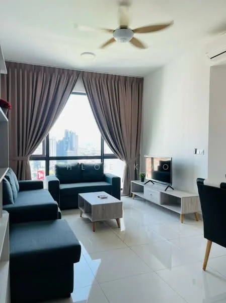 Living features: 3-seater fabric sofa in grey, 2-seater fabric sofa in grey, coffee table with wooden legs, TV console with storage, wall-mounted TV, floor-to-ceiling windows, curtains in beige, ceiling fan with light, white painted walls, glossy tile flooring; style: modern; view: city.