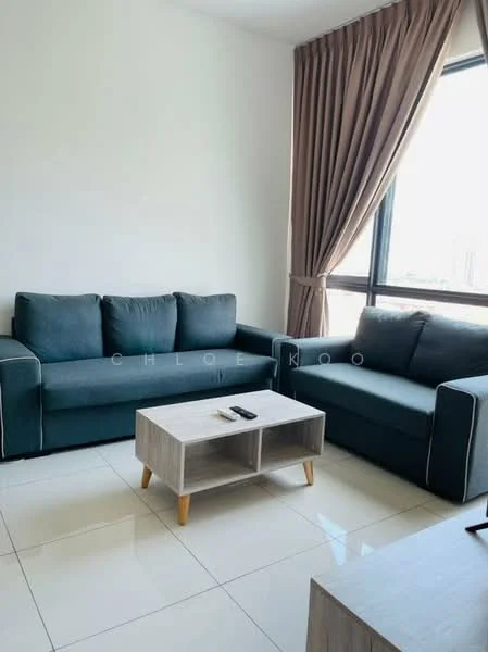 Living features: 2-seater fabric sofa in dark grey, 3-seater fabric sofa in dark grey, wooden coffee table with open shelving, white walls, floor-to-ceiling windows, sheer curtains, glossy tile flooring, decorative wall with no visible artwork; style: modern; view: city.
