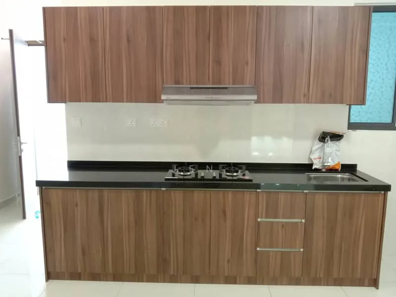Kitchen features: wood cabinetry with brown finish, black granite countertop, stainless-steel sink, built-in gas hob, stainless-steel range hood, white tiled backsplash, white walls, ceramic tile flooring, under-cabinet lighting; style: modern.