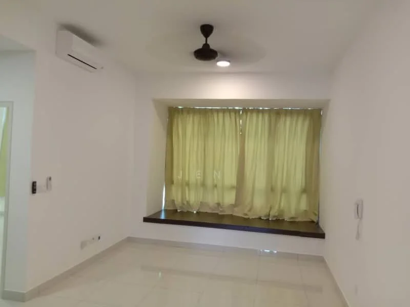 Living features: white painted walls, glossy ceramic tile flooring, 5-blade ceiling fan with light, floor-to-ceiling windows, sheer curtains, window seat with wooden ledge, wall-mounted air conditioning unit, recessed downlights; style: modern.