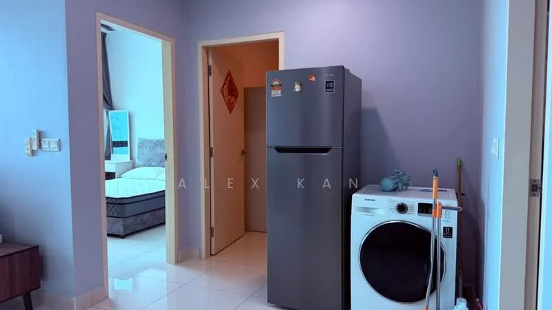 Laundry features: grey refrigerator, front-load washing machine, white cabinetry, white tiled flooring, light purple painted walls, doorway leading to another room. Room features: bed visible through doorway, light blue wall.
