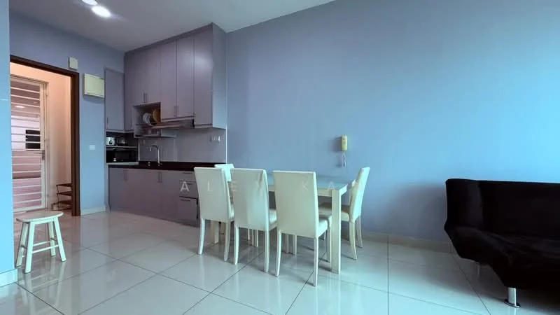 Kitchen features: grey cabinetry, black countertop, single-bowl stainless-steel sink, chrome pull-down faucet, built-in oven, microwave, 4-burner gas hob, white tiled backsplash, recessed downlights, white walls, ceramic tile flooring, dining table with 6 chairs, black sofa, small stool; style: modern.