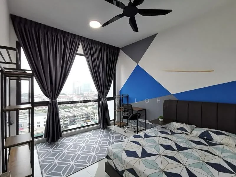 Bedroom features: king-size bed with patterned bedding, upholstered headboard, floor-to-ceiling windows, grey geometric area rug, black ceiling fan, black desk with chair, wooden shelving unit, blue accent wall, white painted walls, curtains in dark grey; style: modern; view: city.