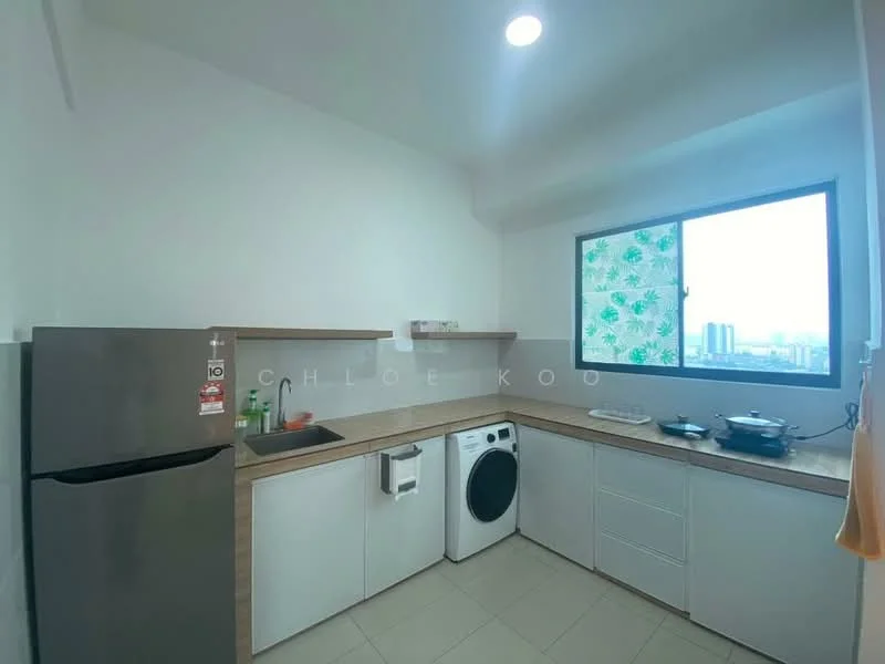 Kitchen features: white painted walls, light wood cabinetry, grey countertop, stainless-steel fridge, front-load washing machine, single-bowl stainless-steel sink, chrome pull-down faucet, ceramic tile flooring, window with floral pattern treatment, stove with pots, open shelving, kitchen utensils, dish rack; style: modern; view: city.
