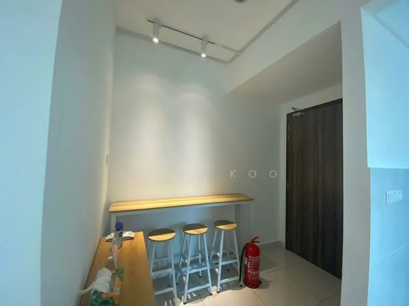Room features: white painted walls, light-colored wooden countertop, 3 white bar stools, fire extinguisher, recessed ceiling lights, ceramic tile flooring, wooden door, door handle; style: modern.