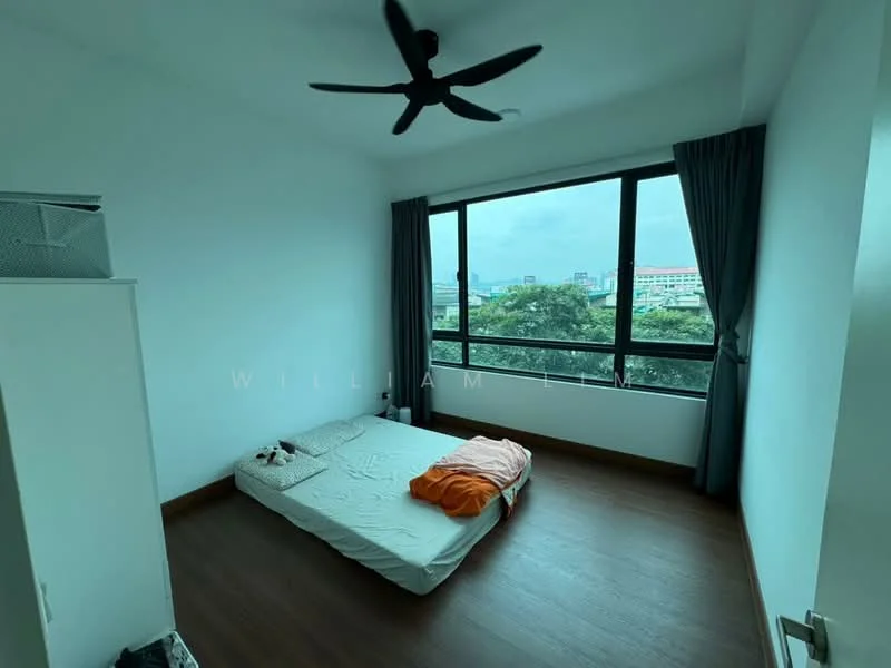Bedroom features: wooden flooring, white painted walls, large floor-to-ceiling window, grey curtains, ceiling fan, mattress on the floor, orange throw blanket, small stuffed animal on mattress, minimalist decor; style: modern; view: city.