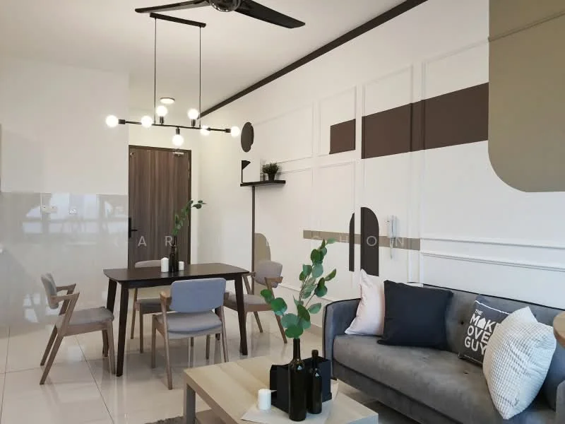 Living features: grey fabric sofa, wooden coffee table, 4-seater dining table, 4 dining chairs in grey, pendant light fixture with multiple bulbs, 5-blade ceiling fan, white painted walls, decorative wall panels with geometric design, floor-to-ceiling window, light-colored tiled flooring, potted plant on table, wall-mounted shelf; style: modern.