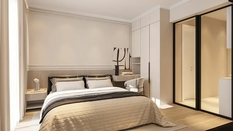 Bedroom features: king-size bed with beige quilted bedding, upholstered headboard, two bedside tables, table lamp on bedside table, built-in wardrobe with sliding doors, study desk with chair, light wood flooring, white painted walls with crown moulding, floor-to-ceiling windows with sheer curtains; style: modern.