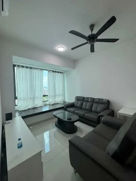 Living features: grey leather sofa, 3-seater sofa, black coffee table, white TV console, floor-to-ceiling windows, sheer curtains, ceiling fan, polished tile flooring, recessed lighting, wall-mounted TV, decorative wall, city view; style: modern; view: city.