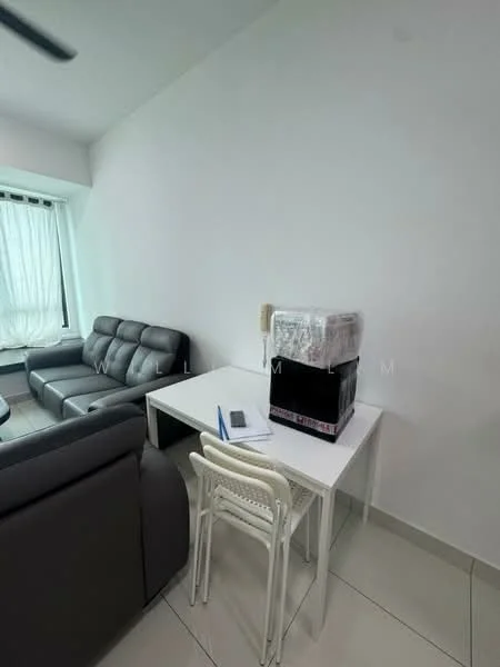 Living features: grey fabric sofa, white dining table, four white plastic chairs, light-colored tiled flooring, white painted walls, floor-to-ceiling windows with sheer curtains, decorative boxes on the table; style: modern.
