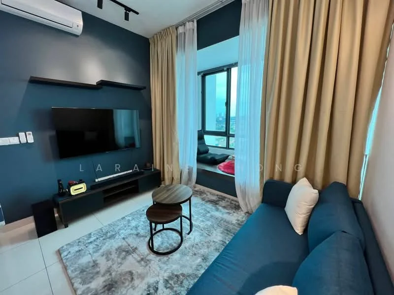 Living features: blue fabric sofa, round coffee table, area rug with geometric pattern, wall-mounted TV, black TV console, floor-to-ceiling windows, sheer curtains, dark accent wall, air conditioning unit, decorative cushions; style: modern; view: city.