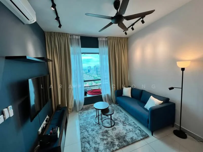 Living features: blue fabric sofa, round coffee table, area rug with geometric pattern, wall-mounted TV, TV console, floor-to-ceiling windows, sheer curtains, blackout curtains, 5-blade ceiling fan with light, recessed downlights, decorative floor lamp, cream painted walls, white tiled flooring; style: modern; view: city.