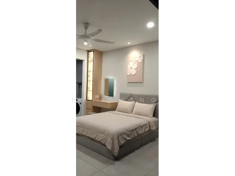 Bedroom features: queen-size bed with beige bedding, upholstered headboard, wall-mounted mirror, decorative wall art with floral design, built-in wardrobe with sliding doors, ceiling fan with light, recessed downlights, tile flooring, white painted walls, study desk with chair; style: modern.