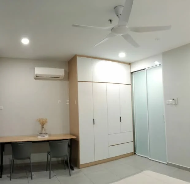 Bedroom features: 5-blade ceiling fan with light, wall-mounted split AC, built-in wardrobe with sliding doors, wooden desk with two chairs, light grey painted walls, tile flooring, recessed downlights, neutral bedding; style: modern.