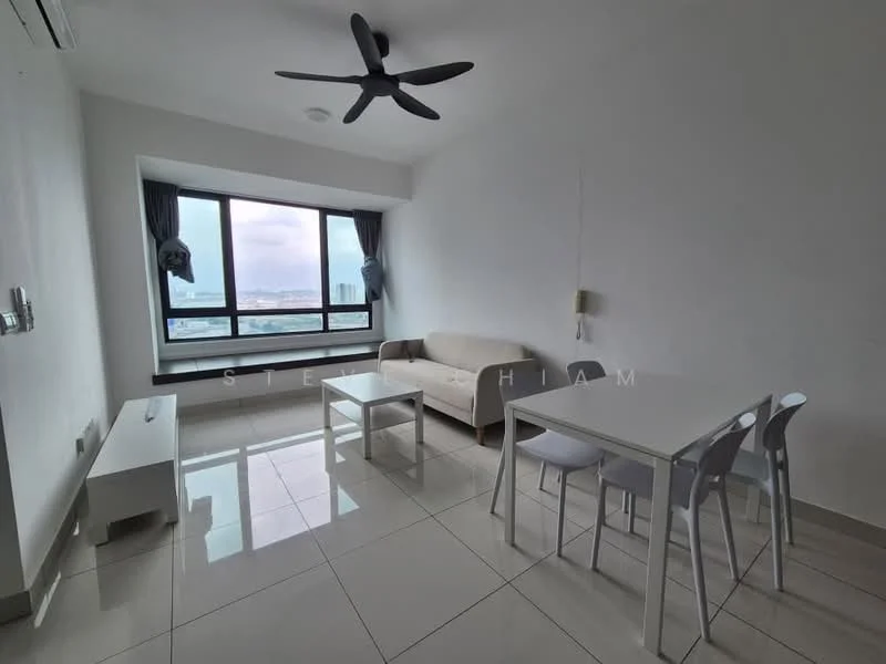 Living features: 3-seater fabric sofa in beige, white coffee table, 6-seater dining table, 4 dining chairs in white, floor-to-ceiling windows, grey curtains, white painted walls, polished tile flooring, ceiling fan with light, wall-mounted air conditioning unit; style: modern; view: city.