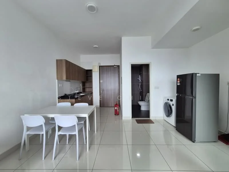 Kitchen features: white painted walls, glossy tile flooring, wood cabinetry, black countertop, stainless-steel fridge, front-load washing machine, 4-burner gas hob, built-in oven, single-bowl stainless-steel sink, chrome pull-down faucet, dining table with 4 white chairs; style: modern. Bathroom features: white tiled walls, tile flooring, shower with glass enclosure, toilet, sink with vanity; style: modern.