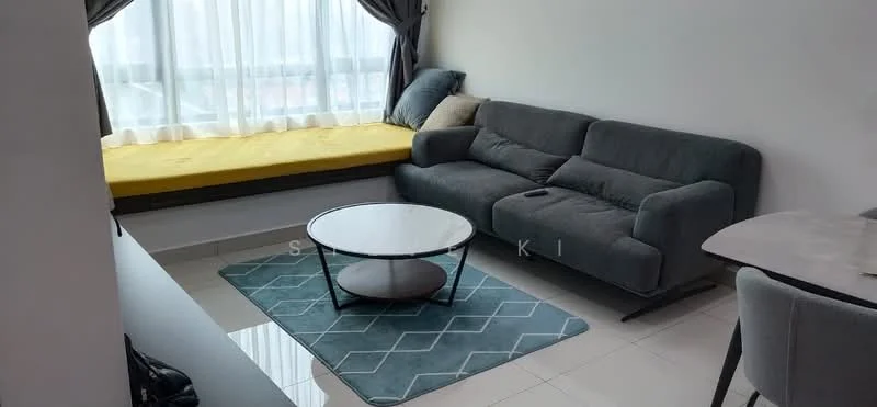 Living features: grey fabric 3-seater sofa, round coffee table with glass top, area rug with geometric pattern, large window with sheer curtains, yellow window seat cushion, white tiled flooring, wall-mounted TV console, decorative wall art; style: modern; view: city.