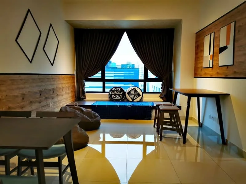 Living features: large window with city view, dark brown wooden accent wall, cream painted walls, glossy tile flooring, two decorative wall frames, dark curtains, wooden dining table, two wooden stools, bean bags, decorative cushions; style: modern; view: city.