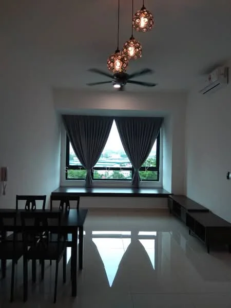Living features: white painted walls, polished ceramic tile flooring, 5-blade ceiling fan with light, large window with city view, grey curtains, window seat with storage, dining table with 6 chairs, wall-mounted air conditioning unit, built-in shelving unit; style: modern; view: city.