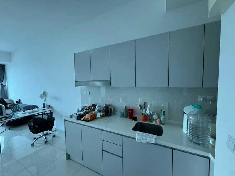 Kitchen features: grey flat-panel cabinets, white countertop, single-bowl stainless-steel sink, chrome pull-down faucet, white tiled backsplash, built-in appliances, open shelving, ceramic tile flooring, recessed downlights; style: modern. Living features: black office chair, sofa, floor-to-ceiling windows, curtains, desk lamp.
