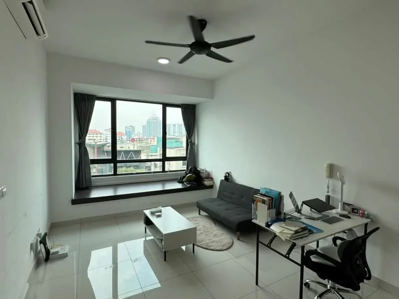 Study features: white painted walls, glossy tile flooring, 5-blade ceiling fan with light, floor-to-ceiling window, window seat with cushions, black fabric sofa, white coffee table, black office chair, desk with computer and documents, curtains, city view; style: modern; view: city.