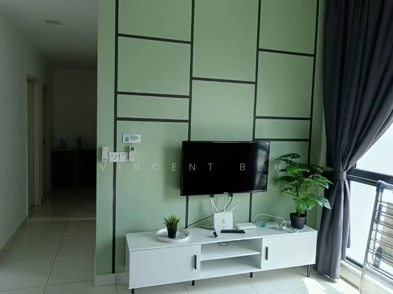 Living features: green accent wall with geometric pattern, white painted walls, glossy tile flooring, wall-mounted TV, white TV console, indoor plant in ceramic pot, large window with sheer curtains, grey curtains, recessed ceiling lights; style: modern.