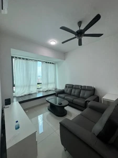 Living features: grey leather sofa, 3-seater sofa, 2-seater sofa, black coffee table, white TV console, floor-to-ceiling window, sheer curtains, recessed ceiling lights, 5-blade ceiling fan, glossy tile flooring, city view; style: modern; view: city.