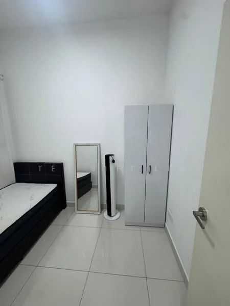 Bedroom features: white painted walls, grey tiled flooring, queen-size bed frame without mattress, full-length mirror, slim floor fan, white wardrobe with two doors, curtains, light fixture on ceiling; style: modern.