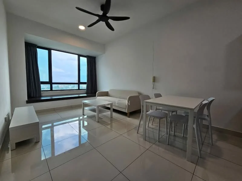 Living features: floor-to-ceiling windows, grey curtains, 3-seater fabric sofa in beige, white coffee table, white dining table, 4 dining chairs, polished ceramic tile flooring, ceiling fan with light, wall-mounted TV console, city view; style: modern; view: city.
