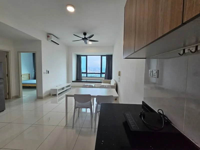 Living features: white walls, glossy white tile flooring, 5-blade ceiling fan with light, floor-to-ceiling windows, black countertop, white dining table, 4 white dining chairs, sofa in beige, TV console, wall-mounted TV, curtains in grey, city view; style: modern; view: city. Kitchen features: black countertop, stainless-steel fridge, built-in kitchen cabinets, induction cooktop, kitchen sink; style: modern. Room features: white walls, glossy white tile flooring, bed visible in background.