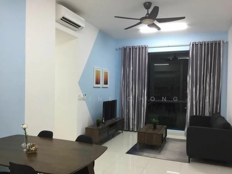 Living features: grey fabric sofa, 3-seater sofa, wooden coffee table, TV console, wall-mounted TV, area rug, 5-blade ceiling fan with light, floor-to-ceiling windows, sheer curtains, grey accent wall, white painted walls, dining table with black chairs; style: modern.