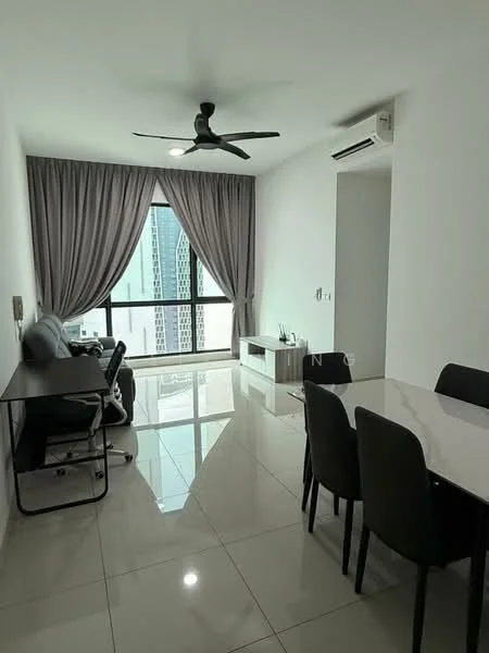 Living features: white painted walls, glossy tile flooring, 5-blade ceiling fan with light, floor-to-ceiling windows, sheer curtains, dining table with chairs, sofa, TV console, wall-mounted TV, decorative plants; style: modern; view: city.