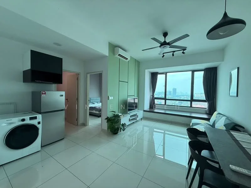 Living features: white painted walls, glossy tile flooring, 5-blade ceiling fan with light, floor-to-ceiling windows, black TV console, wall-mounted TV, grey sofa, dining table with chairs, refrigerator, washing machine, air conditioning unit; style: modern; view: city.