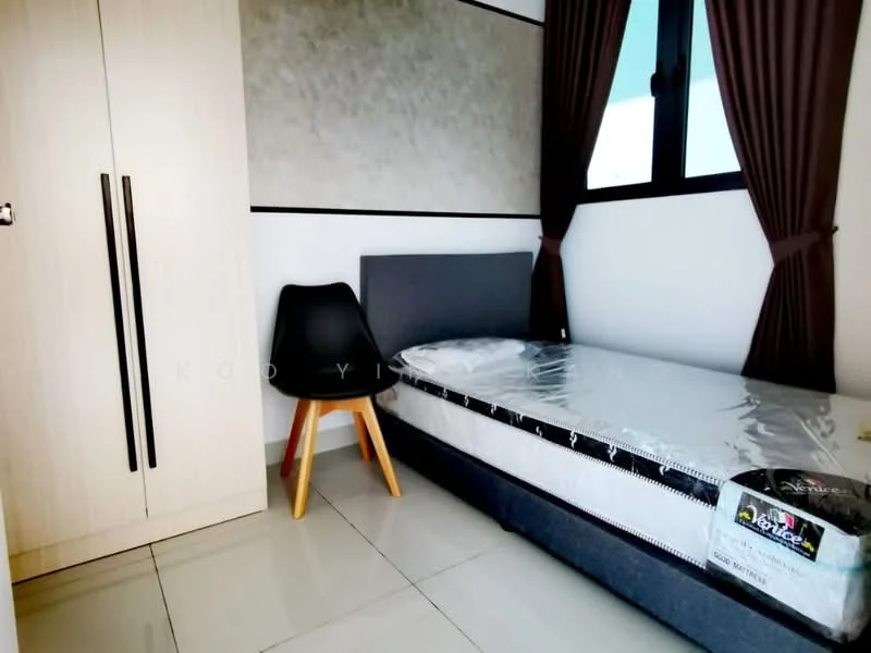 Bedroom features: single bed with mattress, upholstered headboard, wooden wardrobe with sliding doors, black chair with wooden legs, floor-to-ceiling window, brown curtains, white painted walls, glossy tile flooring; style: modern.