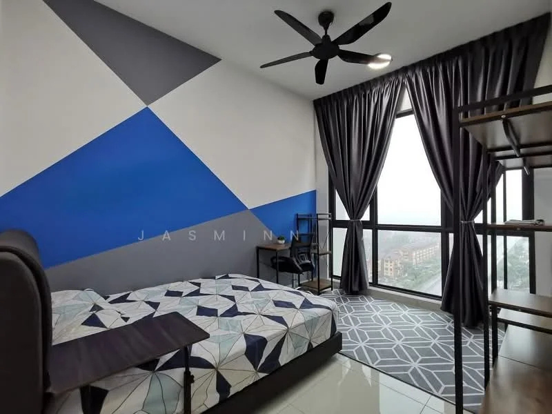 Bedroom features: queen-size bed with patterned bedding, geometric area rug, floor-to-ceiling windows, blackout curtains, 5-blade ceiling fan, decorative wall with blue and grey paint, open shelving unit, side table, white tiled flooring; style: modern; view: city.