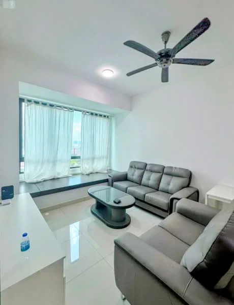 Living features: grey leather sofa, 3-seater fabric sofa in grey, coffee table, floor-to-ceiling windows, sheer curtains, white painted walls, polished tile flooring, 5-blade ceiling fan with light, TV console, water bottle on table; style: modern; view: city.