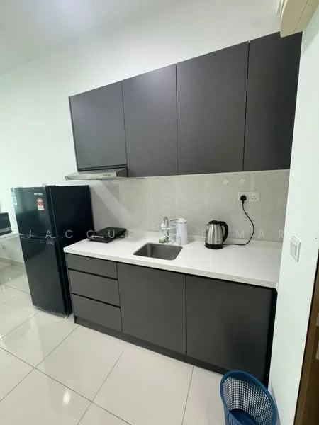 Kitchen features: black cabinetry, white countertop, stainless-steel sink, chrome pull-down faucet, built-in stove, black refrigerator, kettle, white backsplash, tile flooring, wall-mounted range hood; style: modern.