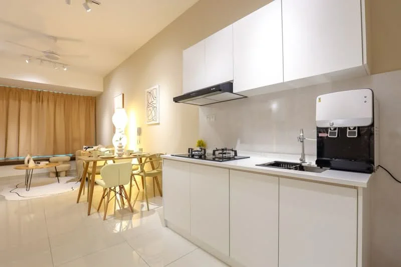 Kitchen features: white cabinetry, marble countertop, built-in gas hob, stainless-steel range hood, single-bowl stainless-steel sink, chrome pull-down faucet, water dispenser, white tiled backsplash, recessed downlights, cream painted walls, glossy tile flooring; style: modern. Dining features: round dining table, 4 upholstered dining chairs, decorative lamp, area rug, floor-to-ceiling windows with sheer curtains; style: modern.