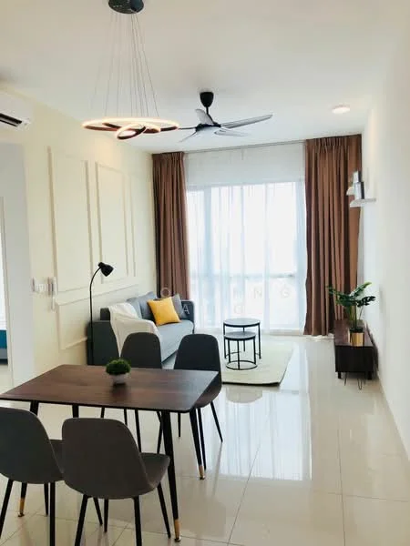 Living features: 3-seater fabric sofa in blue, 2-seater dining table with grey chairs, area rug in cream, floor-to-ceiling windows with sheer curtains, light brown curtains, ceiling fan with light, wall-mounted shelf, decorative plant in ceramic pot, white painted walls, glossy tile flooring; style: modern; view: city.