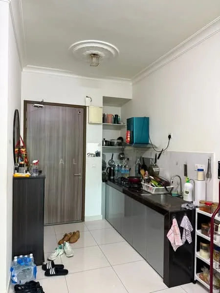 Kitchen features: grey cabinetry, white countertop, stainless-steel sink, chrome pull-down faucet, built-in oven, freestanding range oven, microwave, refrigerator, tile flooring, white walls, ceiling rose, overhead cabinets, open shelving, wall-mounted storage, door to hallway; style: modern.