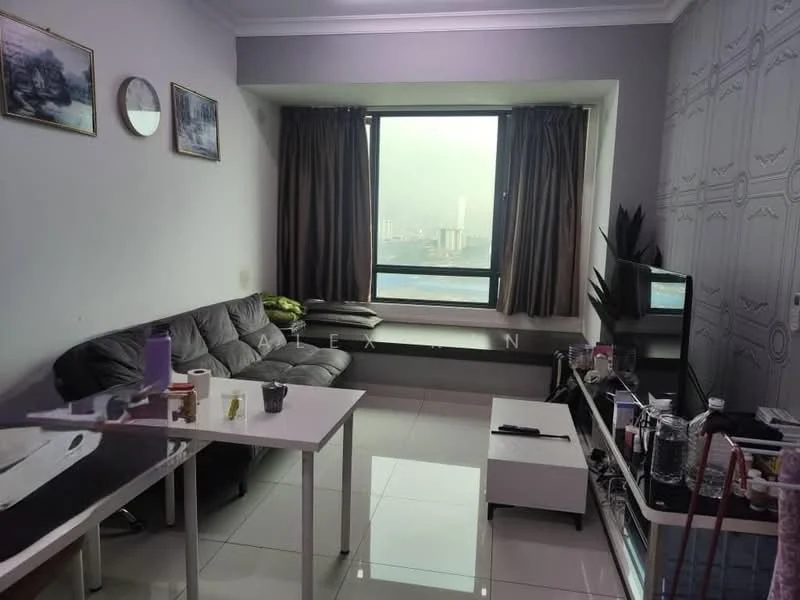 Living features: grey painted walls, white ceiling, floor-to-ceiling windows, dark curtains, white tiled flooring, black coffee table, white TV console, green plants, framed artwork on walls, decorative mirrors, sofa with cushions, side table with decorative items; style: modern; view: city.