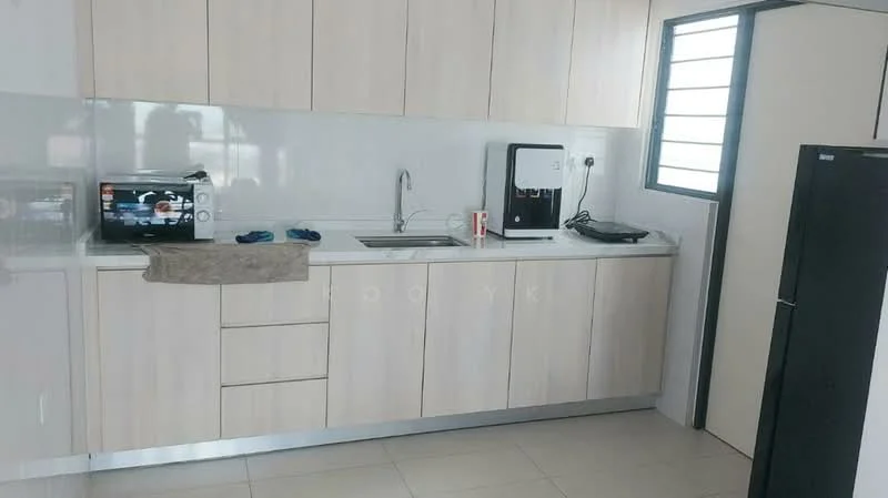 Kitchen features: light wood cabinetry, white countertop, single-bowl stainless-steel sink, chrome pull-down faucet, built-in microwave, black electric stove, stainless-steel fridge, tile flooring, window with horizontal slats, kitchen towel on countertop, small appliances on countertop; style: modern.