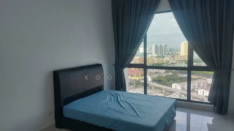 Bedroom features: king-size bed, upholstered headboard, floor-to-ceiling windows, grey curtains, white painted walls, tile flooring, city view; style: modern; view: city.