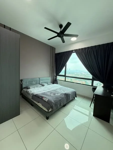 Bedroom features: king-size bed, upholstered headboard, grey bedding, black curtains, floor-to-ceiling windows, city view, black ceiling fan, white tiled flooring, black wardrobe, study desk; style: modern; view: city.