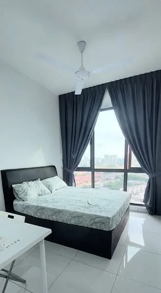 Bedroom features: king-size bed, upholstered headboard, white bedding, 2 bedside lamps, floor-to-ceiling windows, grey curtains, 5-blade ceiling fan with light, white painted walls, glossy tile flooring; style: modern; view: city.