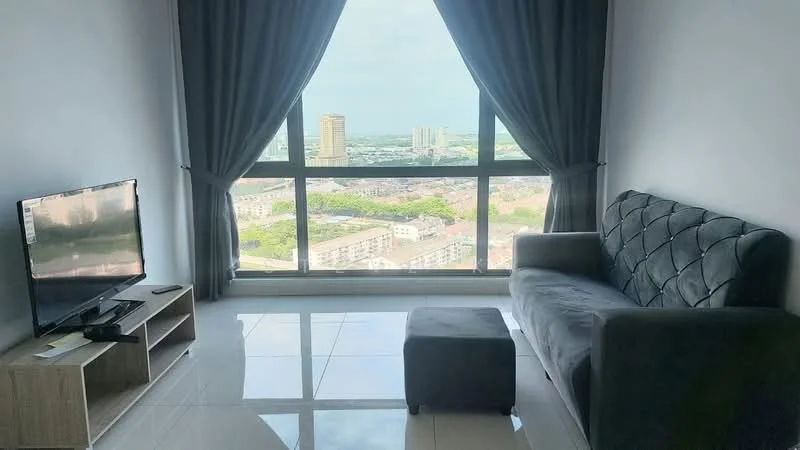 Living features: floor-to-ceiling windows, grey fabric sofa, wooden TV console, flat-screen TV, polished tile flooring, grey ottoman, curtains, city view; style: modern; view: city.